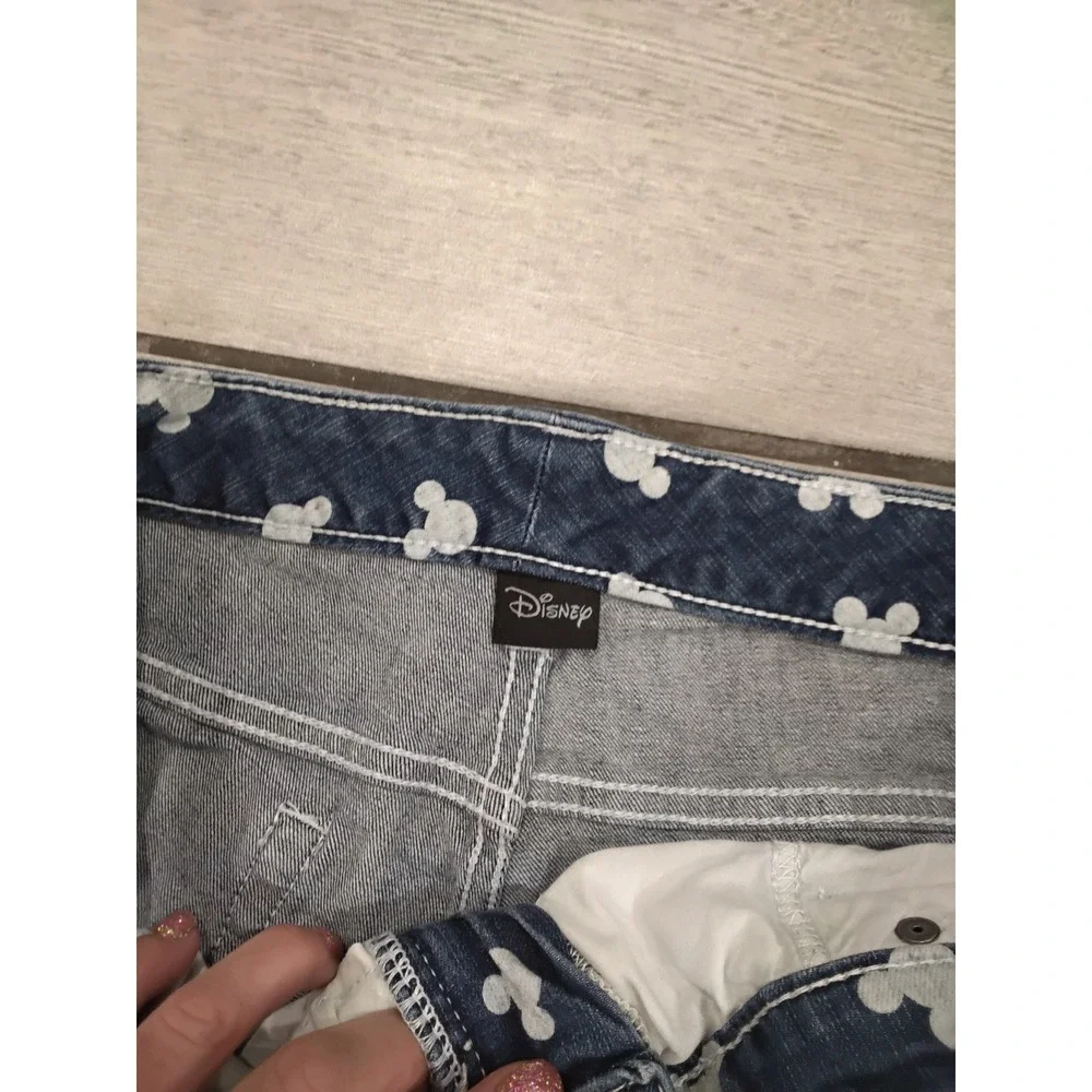 Disney Mickey Mouse All Over Print Distressed Denim Jean Shorts Blue Womens 10